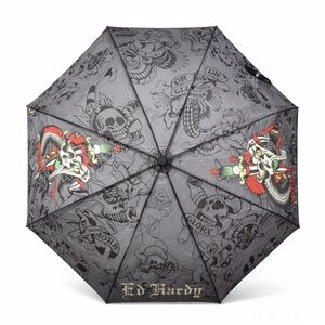 Ed Hardy Tattoo Skull Dagger Compact Umbrella Auto Open Travel Size 42" Gray